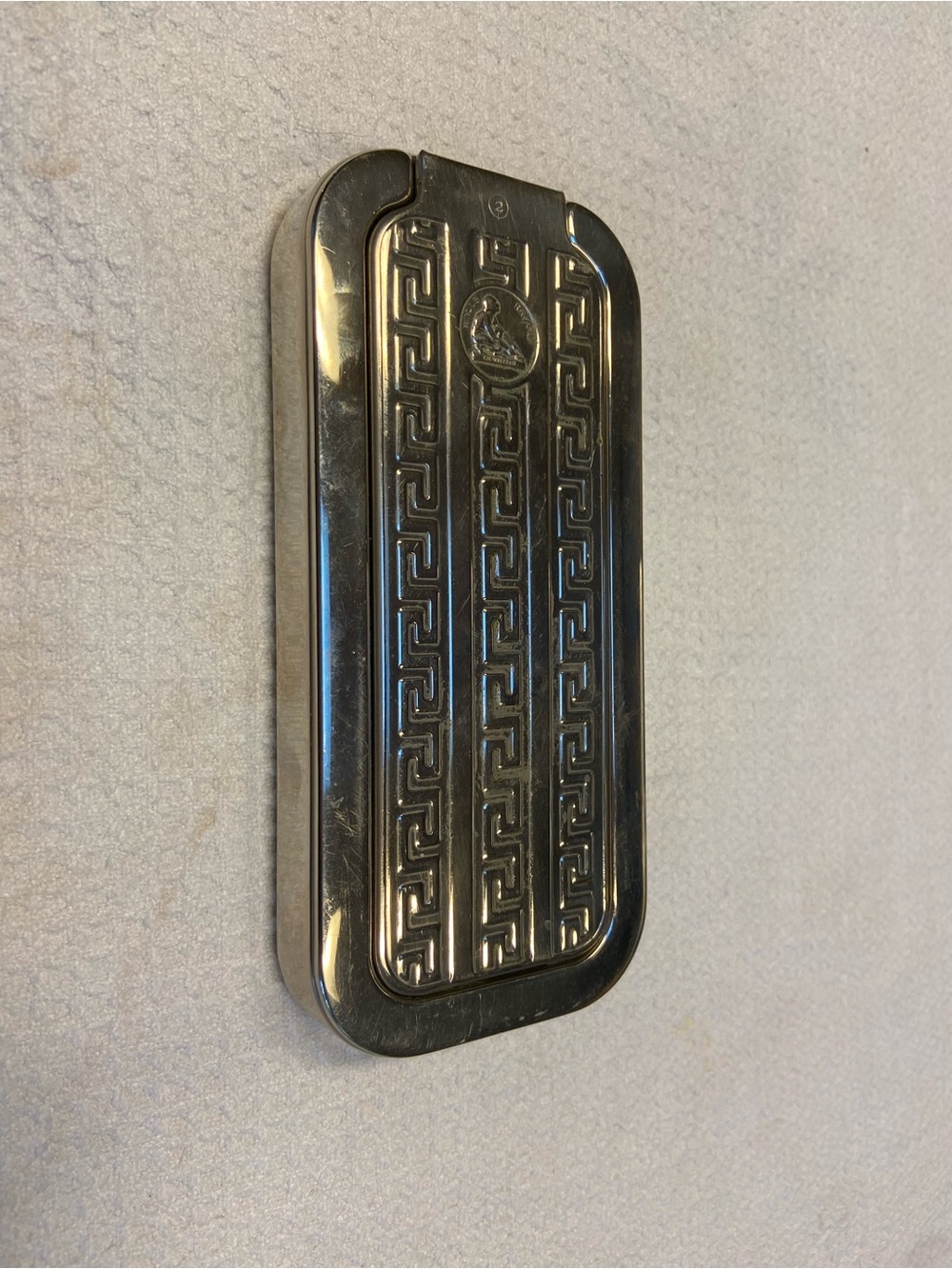 Silver Metal Rolls Razor Whetter Decorative Case with Greek Key Pattern